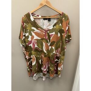 Tahari Women's 2x Floral V Neck Top Rose And Green Floral V Neck